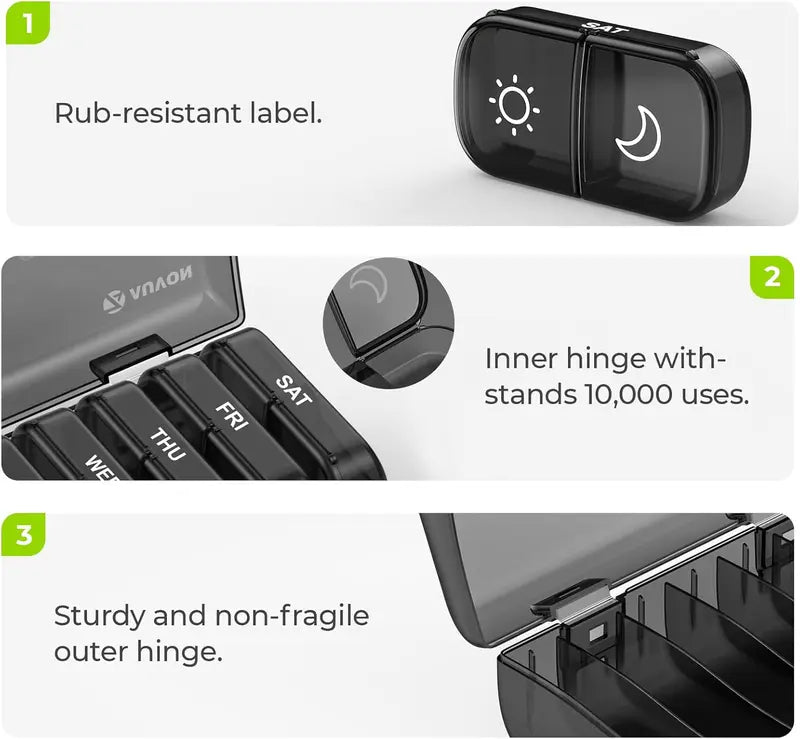 Extra Large Weekly Pill Organizer 2 Times a Day, One-Side Open Pill Box 7 Day for Easy Filling, Black Privacy Protection AM PM Pill Case for Vitamins, Medication, Supplements, Fish Oils Black