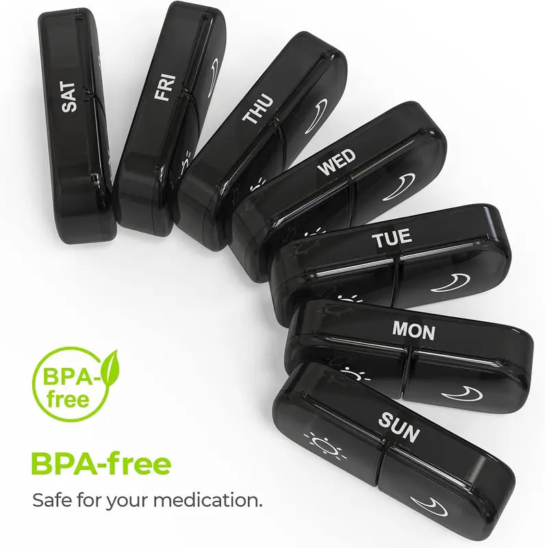 Extra Large Weekly Pill Organizer 2 Times a Day, One-Side Open Pill Box 7 Day for Easy Filling, Black Privacy Protection AM PM Pill Case for Vitamins, Medication, Supplements, Fish Oils Black