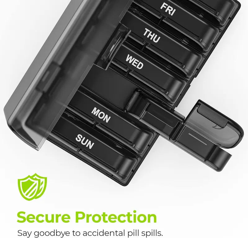 Extra Large Weekly Pill Organizer 2 Times a Day, One-Side Open Pill Box 7 Day for Easy Filling, Black Privacy Protection AM PM Pill Case for Vitamins, Medication, Supplements, Fish Oils Black